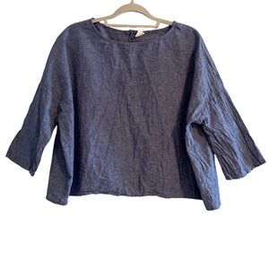 Lintico Linen Cotton Boatneck Button Back 3/4 Bell Sleeve Denim Blue Top XXL